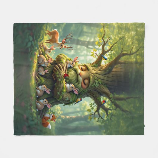 Couverture Polaire Arbre Père Whimsical avec des Créatures de Forêt (Devant (Horizontal))
