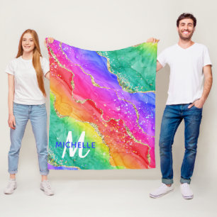 Couverture Polaire Arc-en-ciel brillant et monogramme en agate à pail