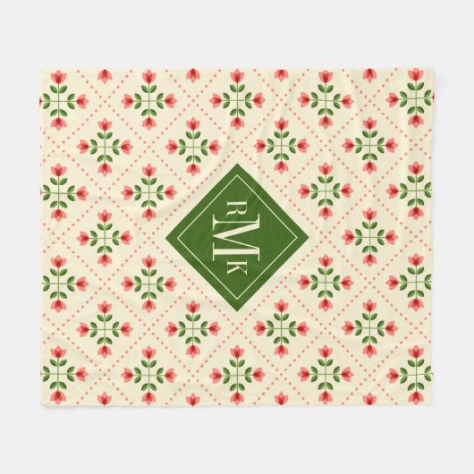 Couverture Polaire Art populaire rose du monogramme | et vert floral (Devant (Horizontal))