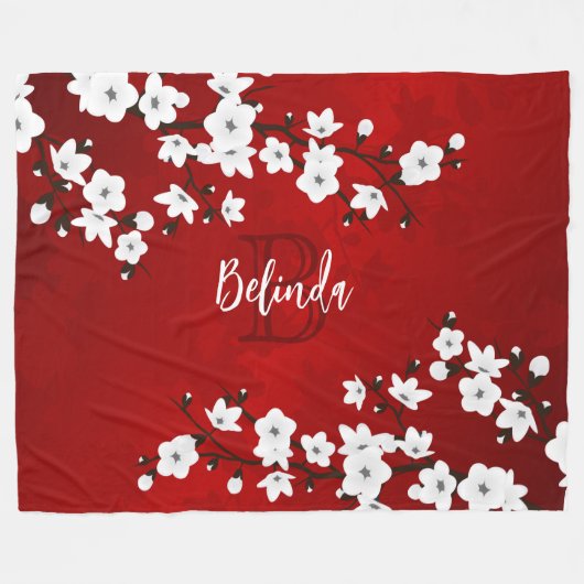 Couverture Polaire Asie Floral Blanc Cerisier Fleur Rouge Monogramme (Devant (Horizontal))