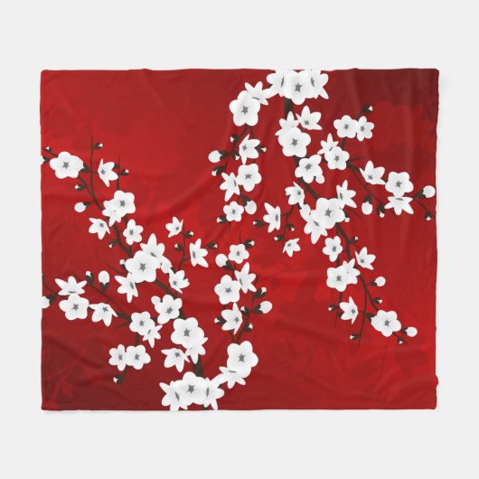 Couverture Polaire Asie Floral blanc cerisier rouge (Devant (Horizontal))