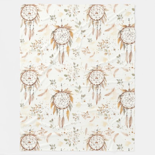 Couverture Polaire Attrape-rêves plumes Boho crème (Devant)