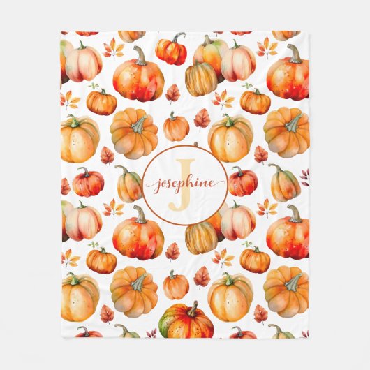 Couverture Polaire Automne Monogramme Nom Citrouille Fleece Blanche (Devant)