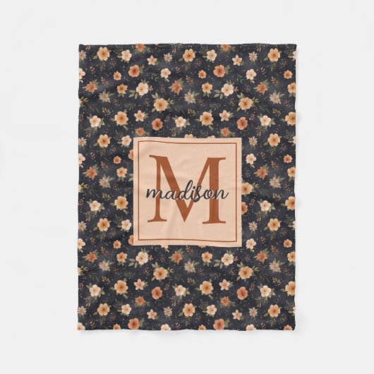 Couverture Polaire Automne Sombre Moody Terracotta Floral Monogramme (Devant)