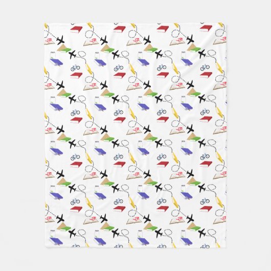 Couverture Polaire Avion, Vélo, Livres, Rouge, Jaune, Voyage Bleu (Devant)