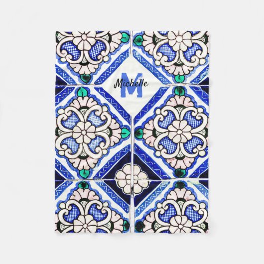 Couverture Polaire Azulejo Motif espagnol Carreaux marine Monogramme (Devant)