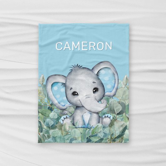 Couverture Polaire Baby Blue Watercolor Elephant Nom personnalisé