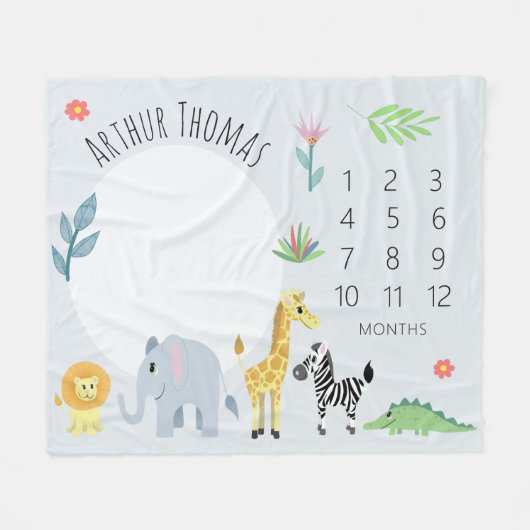 Couverture Polaire Baby Boys mignon Blue Jungle Safari Milestone (Devant (Horizontal))