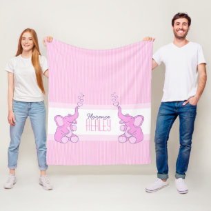 Couverture Polaire Baby éléphants bulles rose rayure nom personnalisé