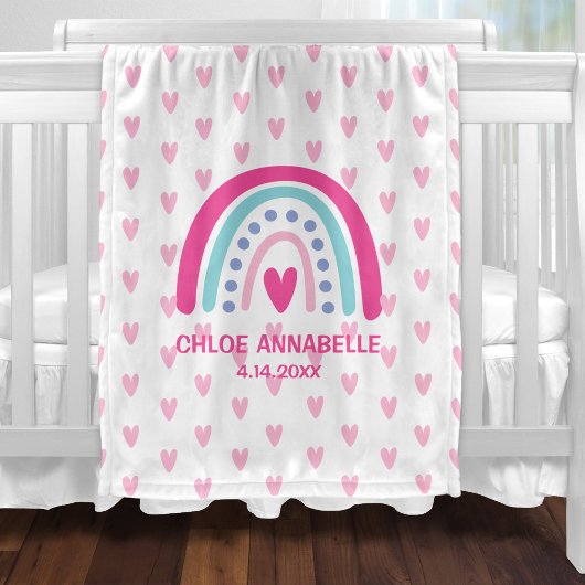 Couverture Polaire Baby Girl Rainbow and Hearts Personalized