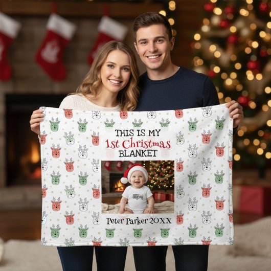 Couverture Polaire Baby’s First Christmas Custom Name Photo Reindeer 