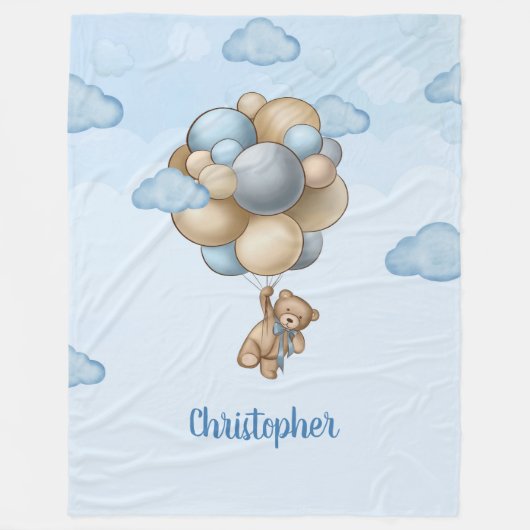 Couverture Polaire Baby shower de ballons beige bleu brun ours en ted (Devant)