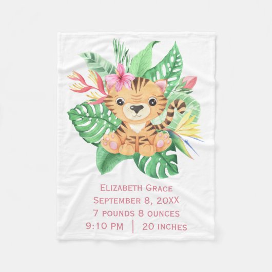 Couverture Polaire Baby Tiger Fleurs tropicales Statistiques de naiss (Devant)