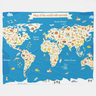 Couverture Polaire Badine la carte du monde avec des animaux