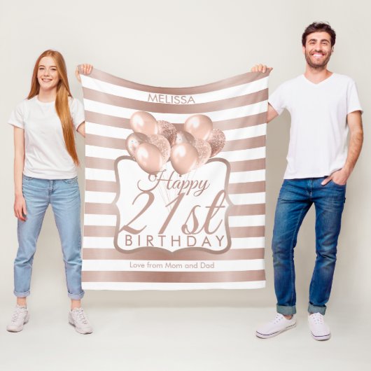 Couverture Polaire Ballons Roses en or rayés 21e anniversaire (En situation)