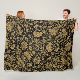 Couverture Polaire Baroque Floral Doré Tout sur Fond Noir