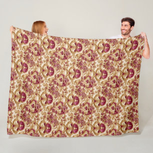 Couverture Polaire Baroque Floral Luxueux Or et Bourgogne