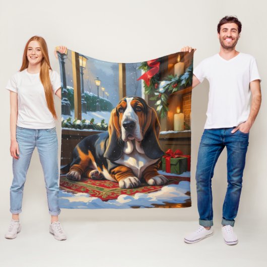 Couverture Polaire Basset Hound With Christmas Lights Holiday  (En situation)