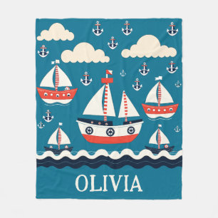 Couverture Polaire Bateaux à voile et ancres rouges et blancs fantais