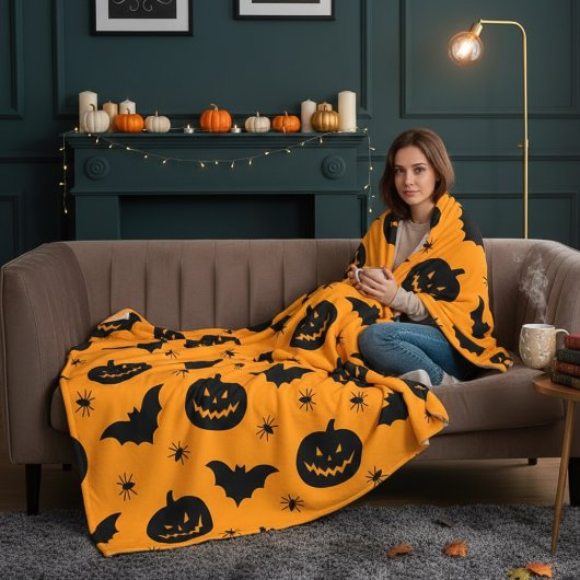 Couverture Polaire Bats, pumpkin heads and spiders Halloween Plush