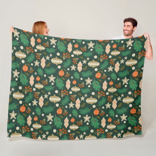 Couverture Polaire Baubles de Noël et vert du feuillage d'hiver (En situation)