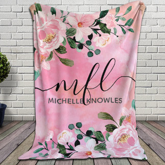 Couverture Polaire Beau Blush rose floral tendance monogramme