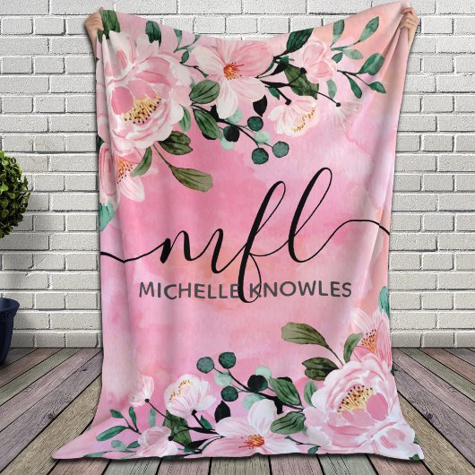 Couverture Polaire Beau Blush rose floral tendance monogramme