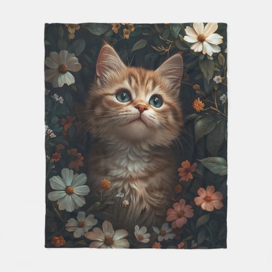 Couverture Polaire Beau chaton orange avec Fleur sauvage (Devant)