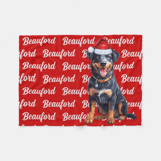 Couverture Polaire Beauceron sur rouge avec nom Chien de Noël (Devant (Horizontal))