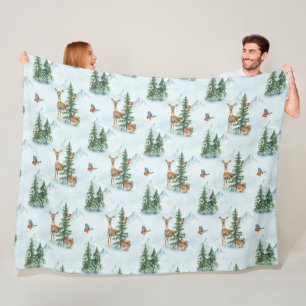 Couverture Polaire Beaux Animaux d'Hiver Jeune Cerf Écureuil Oiseaux