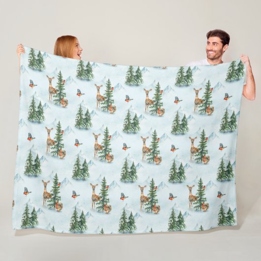 Couverture Polaire Beaux Animaux d'Hiver Jeune Cerf Écureuil Oiseaux (En situation)