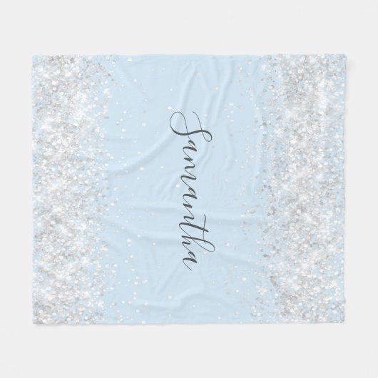 Couverture Polaire Bébé bleu argent parties scintillant nom script (Devant (Horizontal))