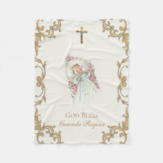 Couverture Polaire Bébé de roses de rose de croix de crucifix d'or (Devant)
