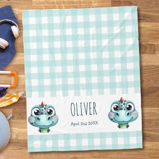 Couverture Polaire Bébé Dino Gingham Nom Date de Naissance Mignon