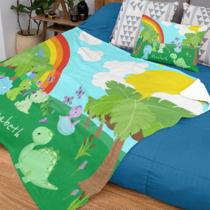 Couverture Polaire Bébé Dinosaures avec papillons, arc-en-ciel et sol