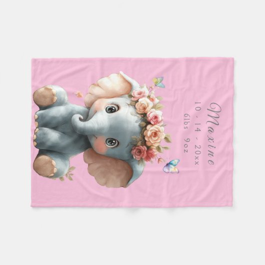 Couverture Polaire Bébé éléphant mignon papillons fleurs (Devant (Horizontal))