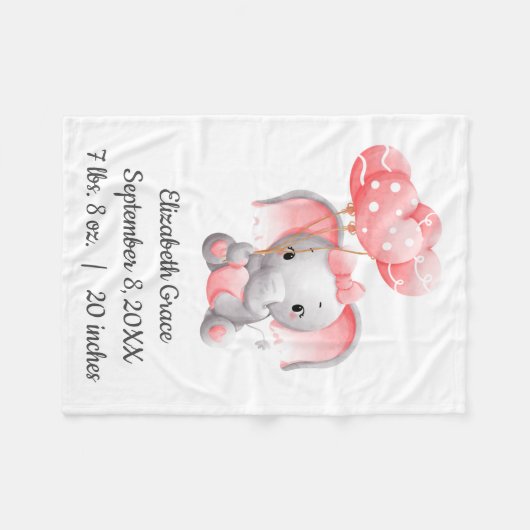 Couverture Polaire Bébé Fille rose Eléphant Ballons Stats de naissanc (Devant (Horizontal))