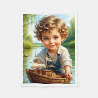 Couverture Polaire Bébé garçon mignon jouant avec un bateau en bois e