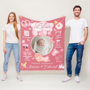 Couverture Polaire Bébé mignon Fille Naissance Statistiques Rose Nouv