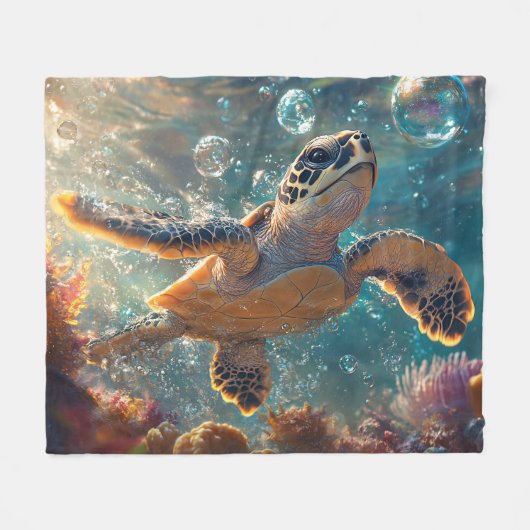 Couverture Polaire Bébé mignonne tortue de mer avec bulles (Devant (Horizontal))