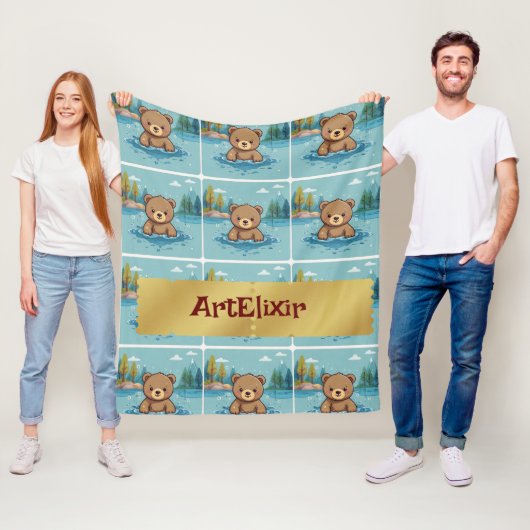 Couverture Polaire Bébé ours nager dans un étang imprimer (En situation)