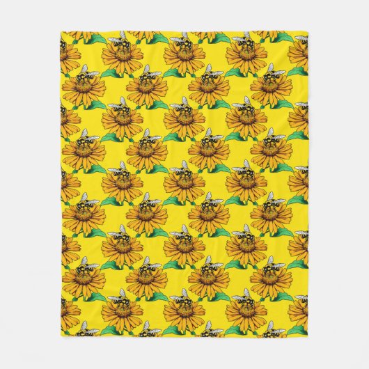Couverture Polaire Bee on Sunflower Flower Pattern Design Yellow  (Devant)