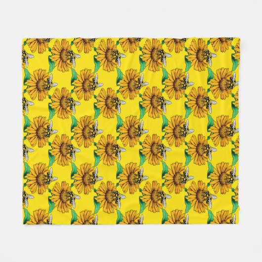 Couverture Polaire Bee on Sunflower Flower Pattern Design Yellow  (Devant (Horizontal))