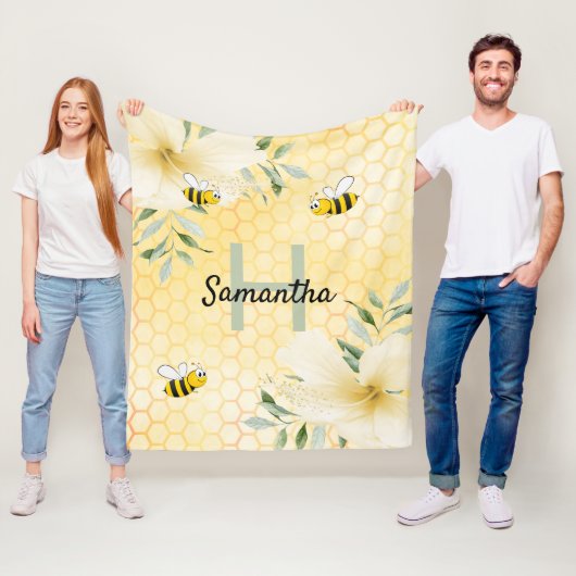 Couverture Polaire Bees fleurons jaunes nid d'abeilles monogrammé (En situation)