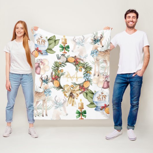 Couverture Polaire Belle aquarelle Cerf Noël Monogramme (En situation)