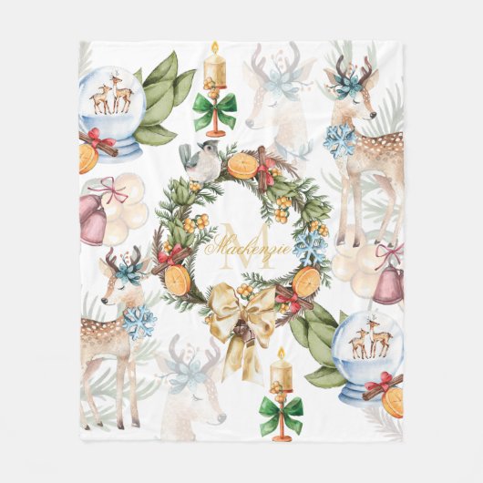 Couverture Polaire Belle aquarelle Cerf Noël Monogramme (Devant)