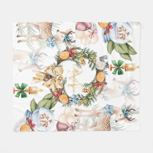 Couverture Polaire Belle aquarelle Cerf Noël Monogramme (Devant (Horizontal))