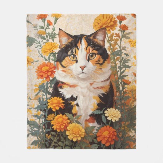 Couverture Polaire Belle Chat Calico Avec Fleurs Marigold (Devant)