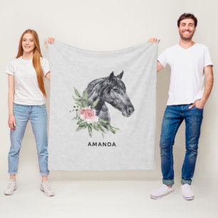 Couverture Polaire Belle tête de cheval noir Portrait d'aquarelle