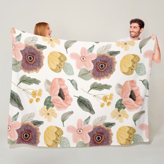 Couverture Polaire Belles fleurs Cute l Aquarelle blanche et rose (En situation)